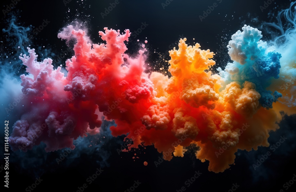 Poster Abstract art piece displays vibrant colors in dynamic motion. Ink clouds explode in burst of saturated hues like red orange blue, pink against black backdrop. Mix of colors create swirling patterns