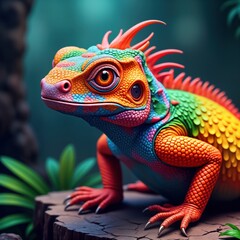 Fototapeta premium Colorful reptile close-up view. Vivid scales in vibrant colors. Detailed portrait style. Half face of creature. Red eyes. Exotic reptile species in rich jungle environment. Wildlife nature scene.