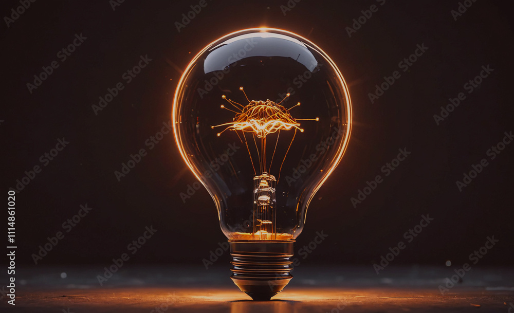 Poster Light bulb is lit up and has a tree on it. The light bulb is on a black surface