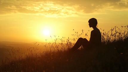 A person sitting on a hill during twilight, staring at the fading sunlight with a pensive expression.A person sitting on a hill during twilight, staring at the fading sunlight with a pensive expressio