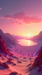 Fototapeta premium Purple desert landscape. Sunset over lake. Rocky mountains surround valley. Vivid colors, dramatic lighting. Photo style cos, photo quality high. 85 mm lens with shallow depth of field details. Scene