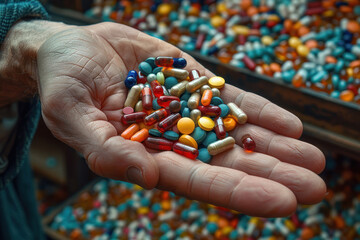 a human hand holding a handful of various pills and capsules. The pills are colorful, of various shapes and sizes, including round, oval, and capsule-shaped. In the background 
