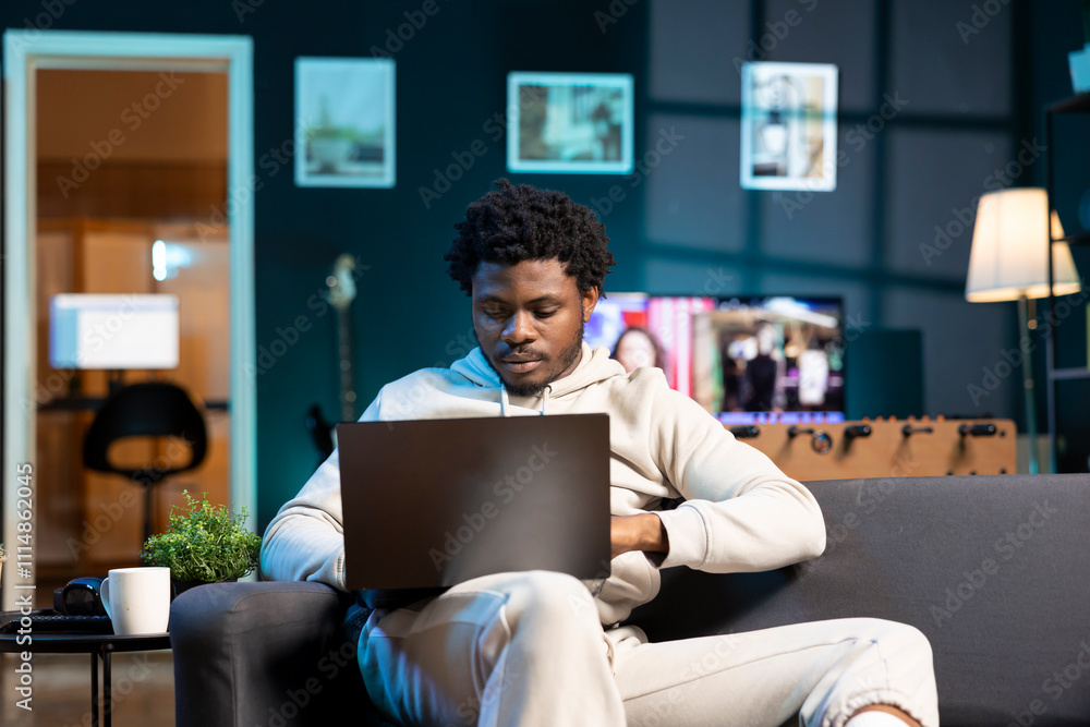 Poster businessman working from home using laptop to send emails. worker typing on notebook keyboard, compo
