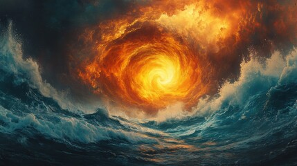 A mesmerizing swirl of vibrant fire and swirling ocean waves creates a powerful visual depicting the elemental forces of nature in dynamic harmony