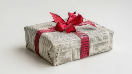  A charming Christmas gift box wrapped in newspaper with a red ribbon bow