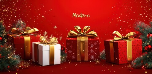 Festive Christmas and New Year background featuring gift boxes and holiday decorations on a red backdrop celebrating the joy of the season