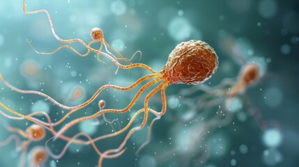 A highly detailed and magnified image clearly showcases several microscopic organisms or cells floating in a fluid environment with a blurred background