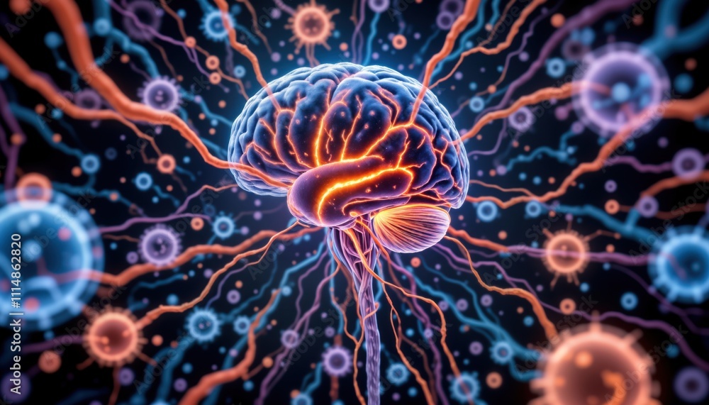 Poster 3D illustration shows human brain central nervous system, nerve cells. Microscopic view of brain core, sensory transmission. Colorful nerve cells extend from brain into network. Microscopic view.