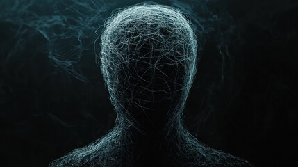Abstract head shrouded in ethereal, tangled threads against a smoky, dark background.