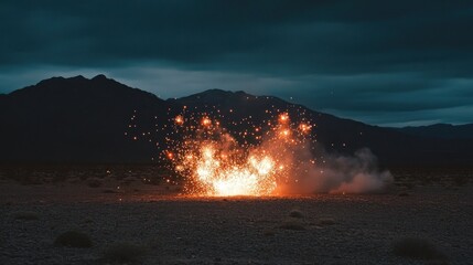 Fiery explosion at night in a desert landscape with mountains in the background.