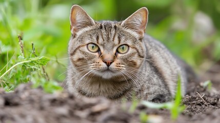 Close-up of a tabby cat in garden, looking directly at camera.