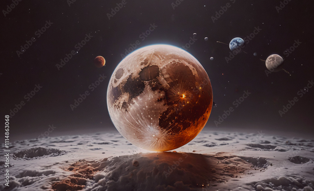 Poster large planet with a moon and several smaller planets in the background. the moon is in the center of