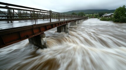 Floodwaters rushing under a bridge, causing rapid currents and a blurred effect.