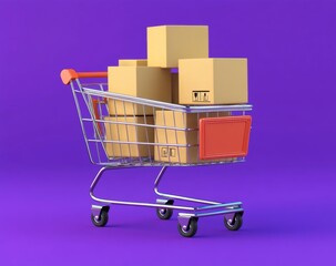 Colorful shopping cart filled with boxes on a vibrant background. Ideal for illustrating retail, logistics, or e-commerce themes.