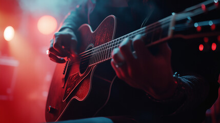 Obraz premium Guitarist Playing Live in a Concert with Red Lighting