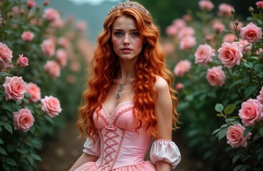 Naklejka premium Beautiful redhead woman in pink princess dress poses in rose garden. Woman long curly hair, wears crown. Romantic, lovely image. Outdoor photo in garden setting. Woman serene expression. Suitable for