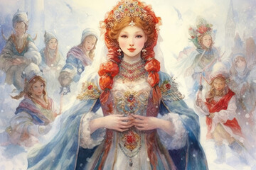 Naklejka premium a beautiful young girl with red hair braided and decorated with bright ribbons and a flower wreath. 