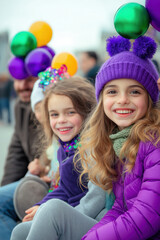 parents and children sitting on a curb enjoying the carnival parade, all wearing purple and green accessories, Mardi Gras, family events, celebrations, carnivals, children’s parties
