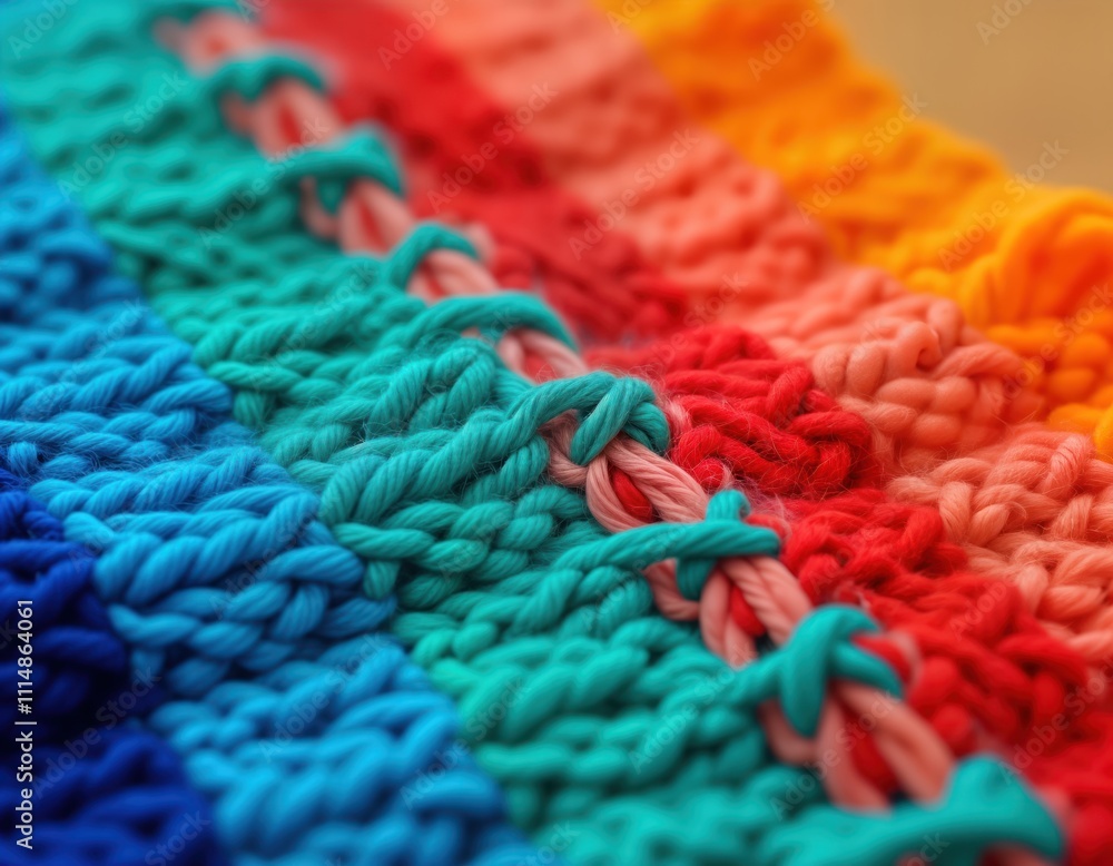 Leinwandbilder closeup view of knitted fabric with vibrant rainbow colors. colorful threads create textured pattern