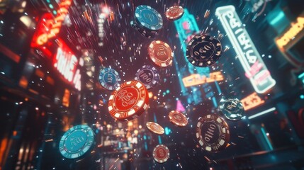 Fototapeta premium Casino chips falling in a vibrant city at night.