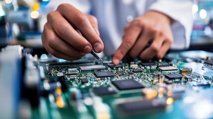 Fototapeta premium Close-up of technician's hands meticulously working on a circuit board.