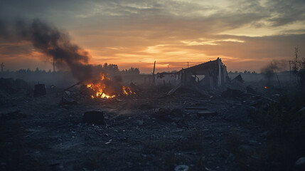 A ruined battlefield at dusk, where the air is thick with the smell of smoke and the ground is littered with broken weapons and discarded armor. The distant sound of war drums echoes in the background