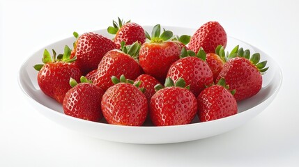 Fresh, ripe strawberries in a white bowl on a white background.