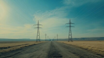 Obraz premium Endless road with power lines across a vast, flat landscape under a clear sky.