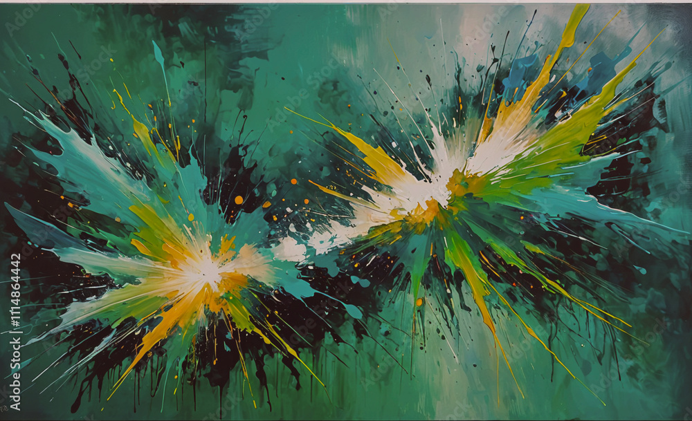 Poster the painting depicts two explosions, one green and one yellow, in the middle of the canvas. the expl