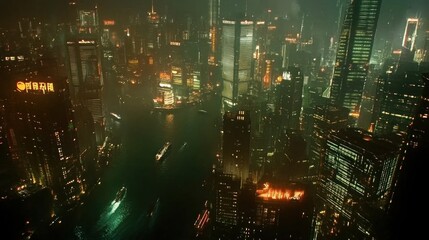 Obraz premium Night cityscape, aerial view of skyscrapers and river with boats.
