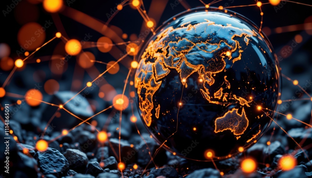 Aufkleber global communication concept. globe displays connections. network connects continents. international