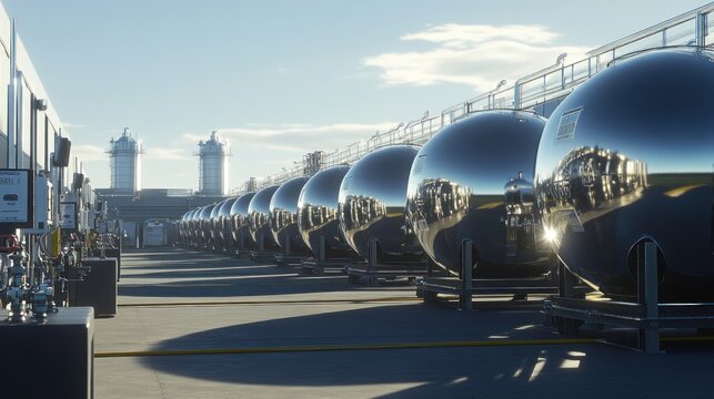 Row of shiny spherical storage tanks in industrial facility reflecting sky.