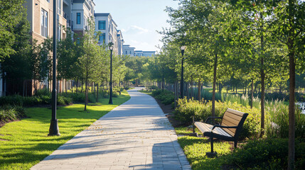 Naklejka premium A scenic pedestrian walkway connecting different neighborhoods.A scenic pedestrian walkway connecting different neighborhoods.A scenic pedestrian walkway connecting different neighborhoods.A scenic pe