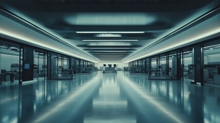 Futuristic office corridor with sleek glass walls and modern workstations.