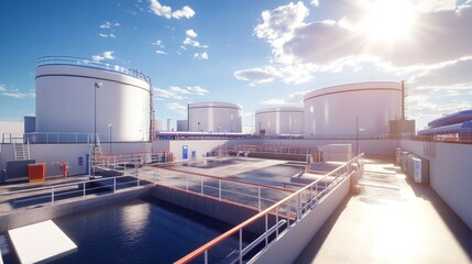 Obraz premium Industrial storage tanks and water reservoirs under sunny skies.