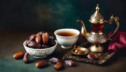 Dates fruits and dates on white background. Ramadan Kareem concept.