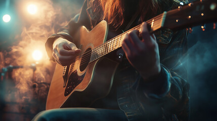 Obraz premium Close-up of Guitarist Performing on Stage