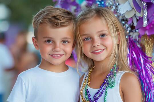 children standing in front of a float adorned with beads, ribbons, and purple masks, festive mood, Mardi Gras, festivals, celebrations, artistic displays, cultural events - Powered by Adobe