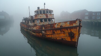 Fototapeta premium Rusty shipwreck in foggy harbor, reflecting in calm water.