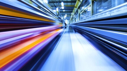 Abstract motion blur of fast-moving industrial machinery in a factory.