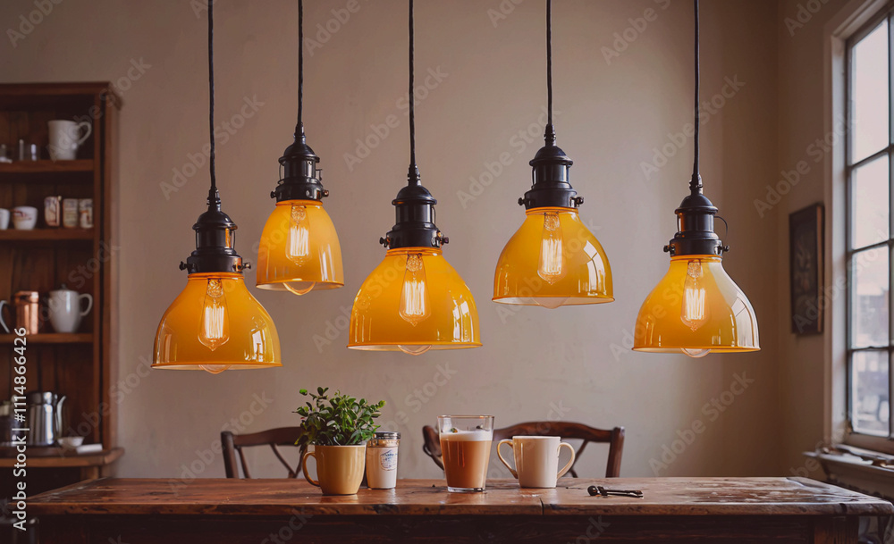 Poster Table with a few yellow lights hanging from the ceiling. There are two cups on the table, one of which has a coffee in it
