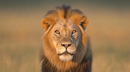 Obraz premium Majestic male lion portrait, golden hour light, intense gaze.