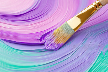 Fototapeta premium detailed purple and green banner being painted, golden brush strokes applied, close-up view 