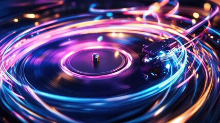 Obraz premium Vibrant neon light trails swirl around a spinning vinyl record on a turntable.