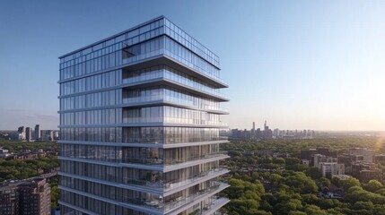 Fototapeta premium Modern glass skyscraper at sunrise overlooking city skyline.