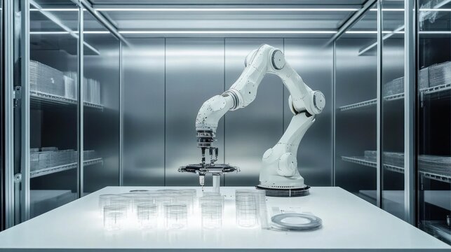 Robotic arm in a sterile environment handling glassware.
