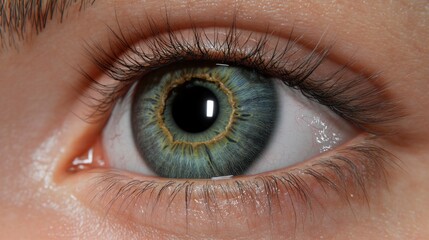 Fototapeta premium Close-up of a woman's beautiful green eye with visible details of iris, pupil, and eyelashes.