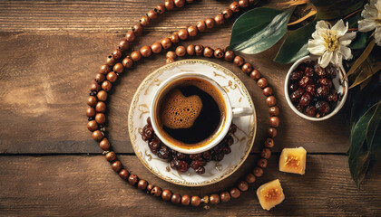 Cup of coffee with rosary and dates on wooden table