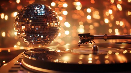 Fototapeta premium Disco ball and record player with warm bokeh lights.