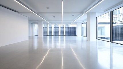 Obraz premium Modern empty office space with large windows and polished concrete floor.